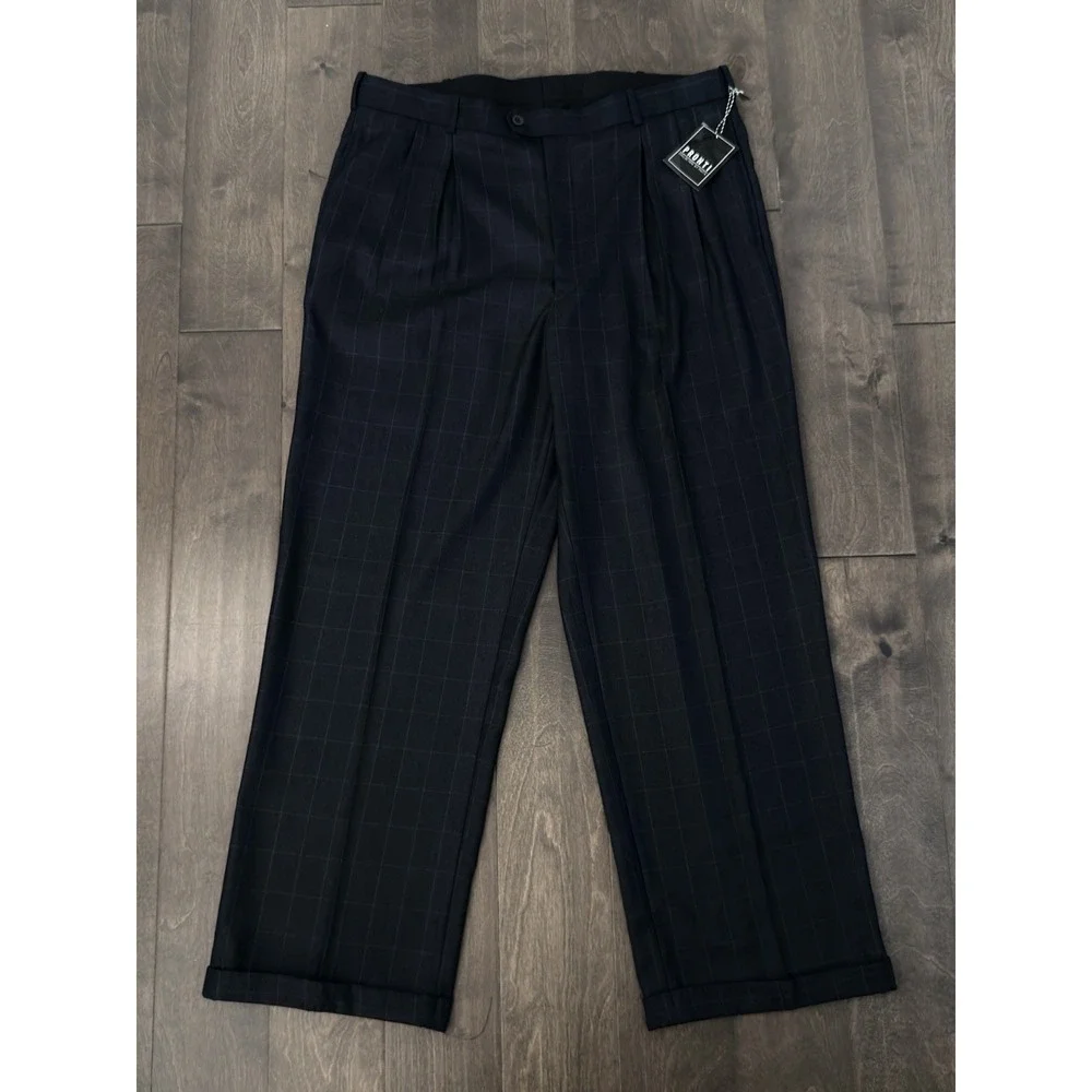 NWT Pronti Phita Mens Navy Blue Windowpane Pleated Dress Pants Size 40X32 Cuffed